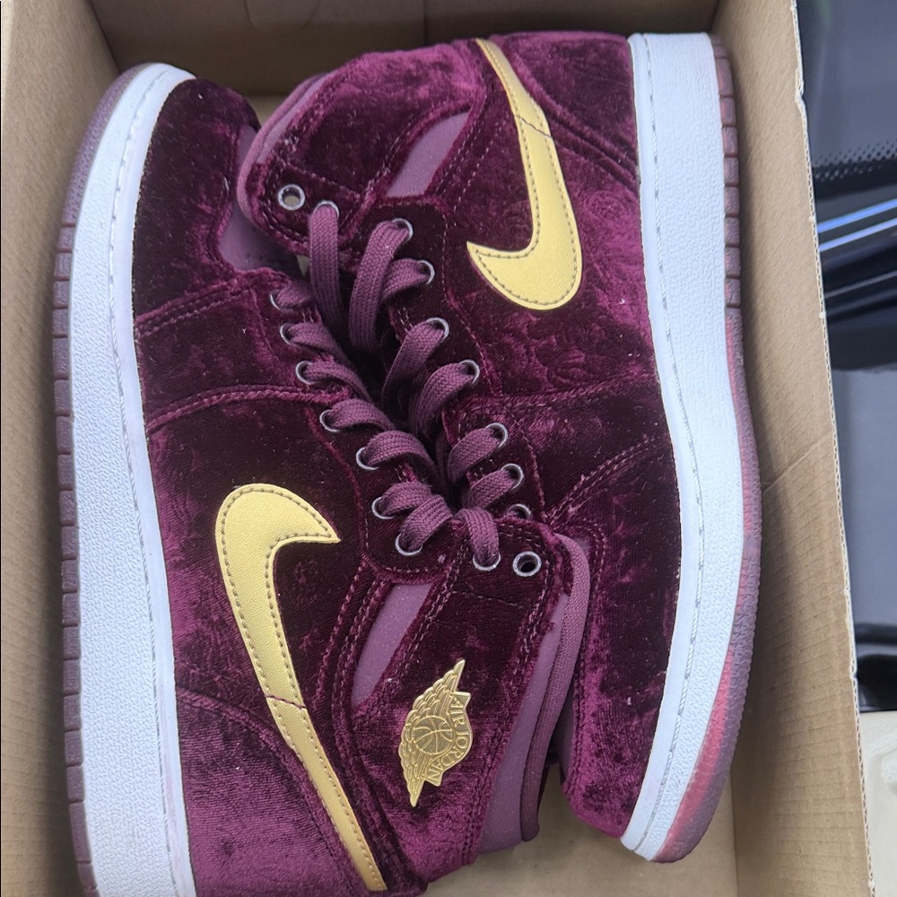 Nike Burgundy Velvet High-Top Sneakers with Gold Swoosh